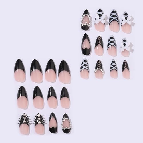 MISUD Press on Nails - Medium Stiletto Glue on Nails with Goth Black, Acrylic Gothic Y2K Design 24 pcs - color: 11211Black