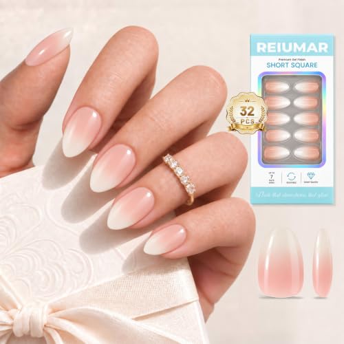 Nude Peach Ombre Almond Press On Nails, 32-Piece Reusable Kit with Glue - color: Nude Peach Ombre - Almond
