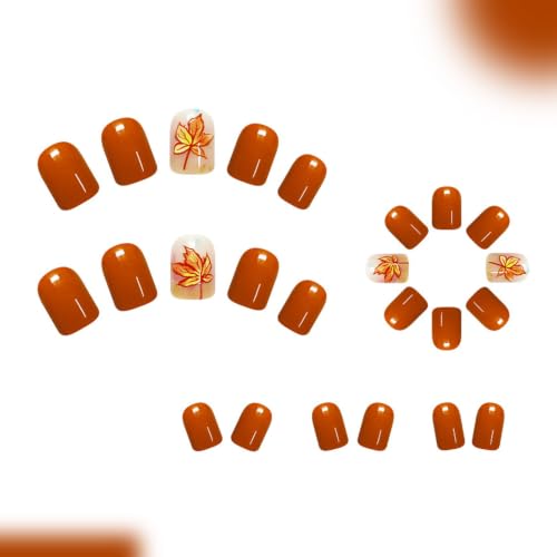Maple Press on Nails Short Square Fake Nails with Full Cover Designs Orange Nails Press ons Glossy Glue on Nails Fall False Nails Autumn Stick on Nails for Women 24Pcs - color: 19