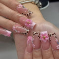 French Tip Press on Nails Medium Square Leopard 3D Flower Fake Nails 24Pcs - color: Style 25