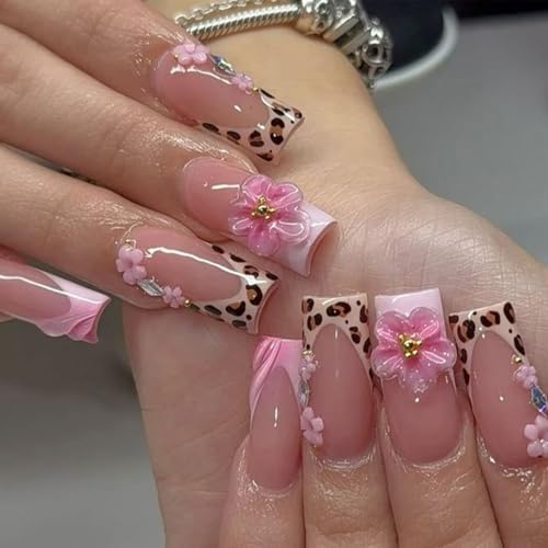 French Tip Press on Nails Medium Square Leopard 3D Flower Fake Nails 24Pcs - color: Style 25