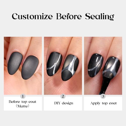 Beetles Black Cat Eye Press On Nails 96 Pcs, Matte Short Almond, 16 Sizes - color: 0 - Black CatEye - S