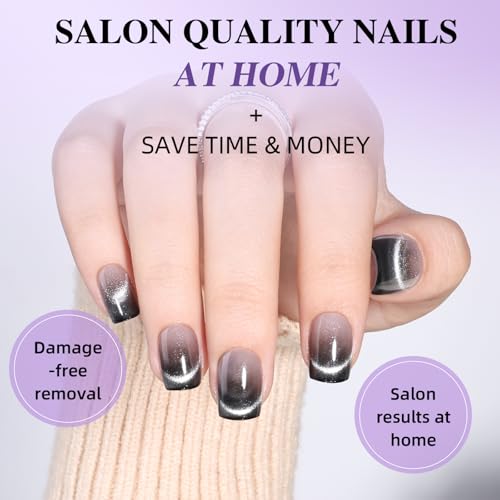 Black Ombre Cat Eye Press On Nails, Short Square Reusable Nails - color: I2-Smoked Eclipse