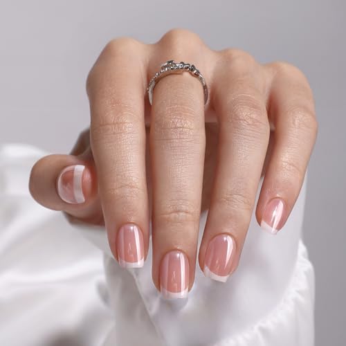 SHANGMENG Press on Nails, Square Short White French Tip Chrome Fake Nails - color: White Noise