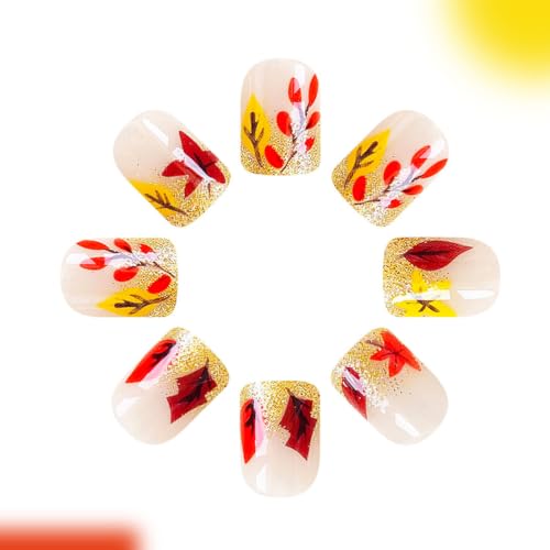 Maple Press on Nails Short Square Fake Nails with Glitter Designs Fall Brown Orange Nails Press ons Glossy Glue on Nails Autumn False Nails Artificial Stick on Nails for Women 24Pcs - color: 2