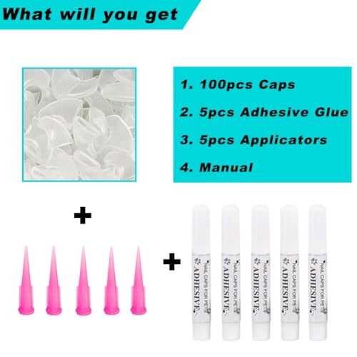 VICTHY 100pcs Cat Nail Caps Clear Cat Claw Covers Kitten Nail Caps with Adhesives and Applicators (M Clear) - size: Medium