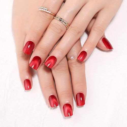 Short Square Red Cat Eye Press On Nails, Glossy Full Cover, 30 Pcs - color: B09-Classic True Red