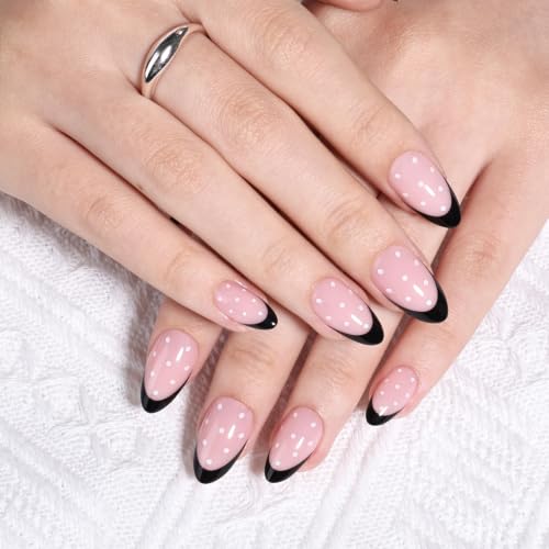 Polka Dot Press On Nails - Black French Tip Almond Fake Nails - color: 3C - Black French Dot