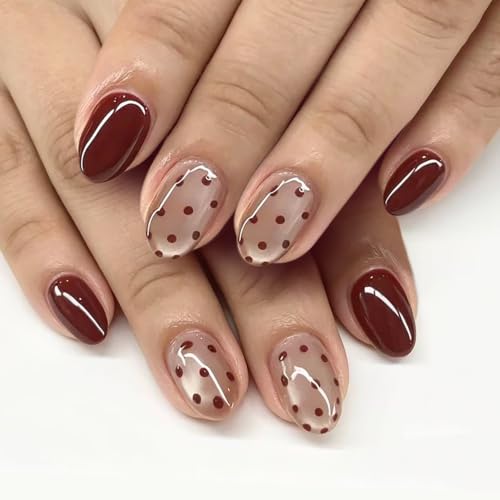 Brown Press On Nails Short Oval Fake Nails With Polka Dot Design - color: design-16