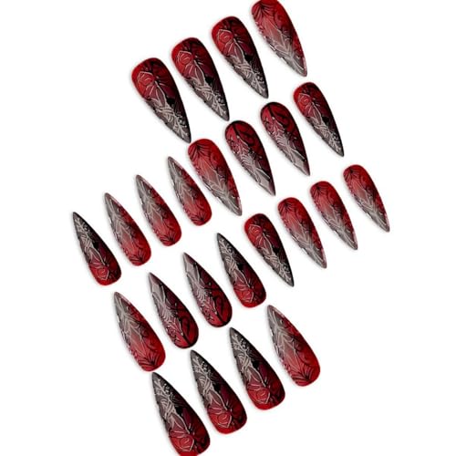 Halloween Press on Nails Red Black Gradient False Nail Medium Almond Fake Nails Designs Halloween Goth Acrylic False Nails Full Cover Reusable Stick on Nail for Women DIY Manicuare 24 Pcs - color: Halloween Style 017