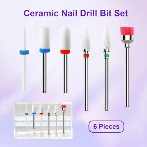 3/32'' 6Pcs Nail Drill Bits Set Ceramic for Acrylic Gel & Cuticle Removal - color: 6Pcs Ceramic Bit Sets