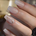 24Pcs Coffin Press on Nails Short Fake Nails with Glitter Lines Gradient Full Cover Designs Nails Press ons White Glue on Nails Reusable False Nails Simple Stick on Nails for Women - color: white