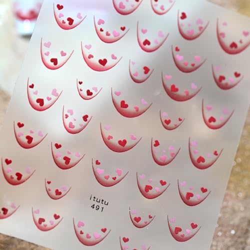 1 Sheet Valentine's 5D Embossed Nail Art Stickers Romantic Pink Red Petite Heart Nail Decals Red Pink Love Pink Valentine's Nail Designs Red Gradient French Tips Nail Supplies for Women DIY Manicure - style: mini heart-shaped
