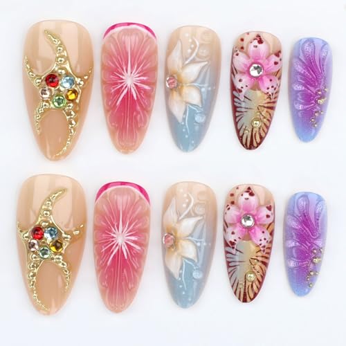 Summer Press On Nails Medium Almond Fake Nails With 3D Flower Rhinestone Design Acrylic False Nails French Leopard Print Nail Press Ons Orange Glossy Glue On Nails For Women - color: Design-24