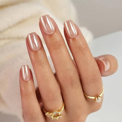 SHANGMENG Press on Nails, Square Short Nude Chrome Fake Nails, Soft Gel - color: Mirror Skin