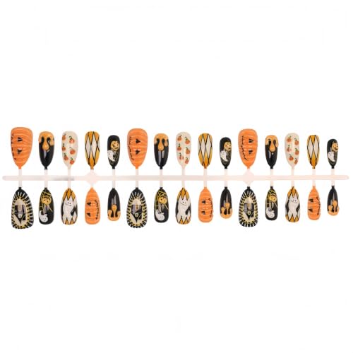 30Pcs Halloween Press on Nails Medium Almond Cute Fake Nails with 3D Ghost Pumpkin Castle Designs False Nails Kit Halloween Acrylic Nail Orange Blood Drop French Full Cover Stick on Nails for Women - color: pumpkin