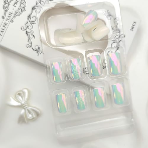 24Pcs Press on Nails Short Square Fake Nails Chrome Snowflake Designs - color: 24
