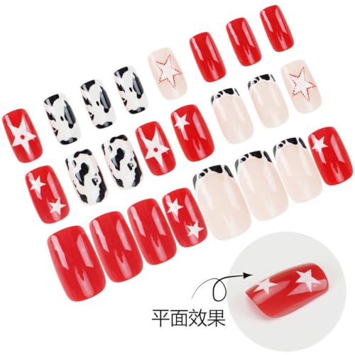 NBNTGH Short Square Press on Nails Red White Fake Nails Y2K Star False Nail - color: Style30