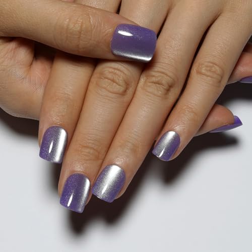 Stbisne Purple Press On Nails Short Lavender Color Cat Eye Square Fake Nail - color: M03-Amethyst Drift