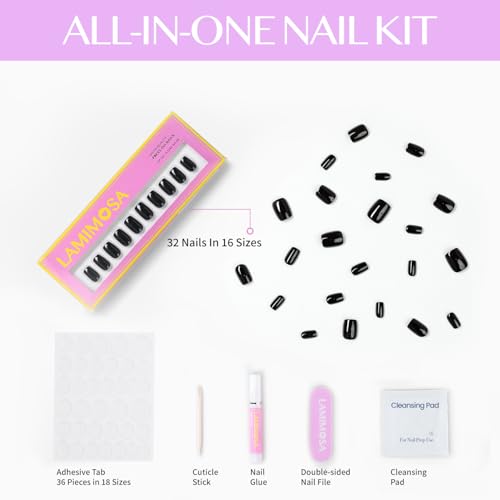 LAMIMOSA 32Pcs Press On Nails Short Square, Black Fake Nails, MIDNIGHT - color: MIDNIGHT