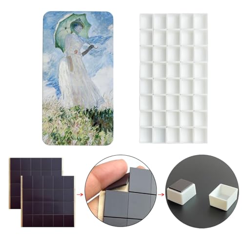 FCLUB Empty Watercolor Tin Palette with 40 Half Pans and Magnetic Squares - color: Monet, size: 6.7" x 6.7" x 0.6"