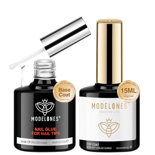 modelones X Nail Gel Glue 9 in One Base Top Coat Set 15ml 2Pcs for Nail Tip