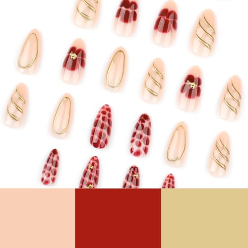 Almond Press on Nails - Medium Fake Nails with Flower Gold Line Design - Ombre False Nails Press ons - for Women Manicure 24 Pcs - color: Brown Gold
