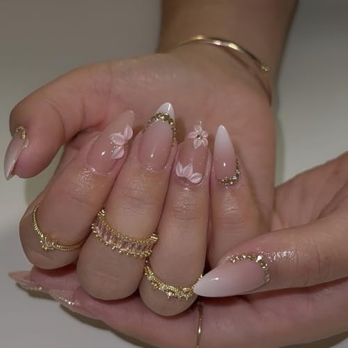 Flower Press on Nails Medium Almond Fake Nails Gradient Nails Press Ons - color: Pink Flower 6