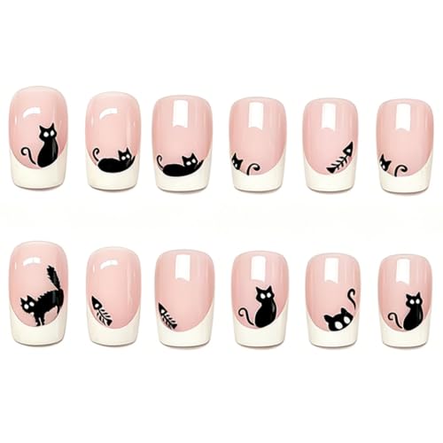 Hallowen Cat Press on Nails Medium Square Shaped French Tip Fake Nails with Cute Cartoon Black Cats and Fish Design Pink Glossy False Nails Full Cover Acrylic Nails for Women - color: Halloween Style 026