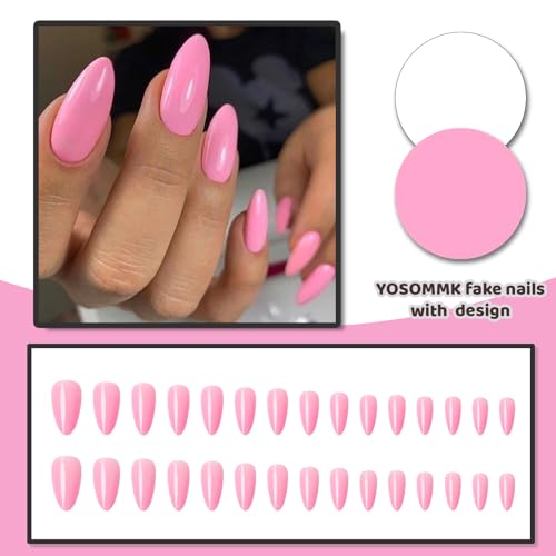 Pink Acrylic Press on Nails Almond Shaped Medium Fake Nails - color: 13-Pure Pink