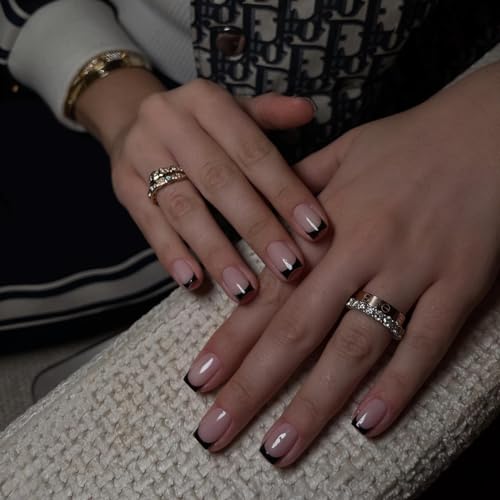 30Pcs Black French Tip Press on Nails Short Square Nails Press ons, Short Fake Nails Coffin Acrylic French Glue on Nail False for Women, Natural15 Sizes - color: square black