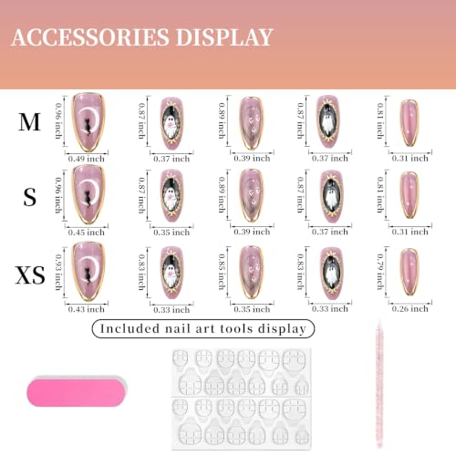 30Pcs Halloween Press on Nails Almond Medium Fake Nails Magic Mirror Ghost False Nails Cute Little Ghost Full Cover Glossy Artificial Acrylic Fingernails Skull Stick on Nails for Women Nail Art DIY - color: Ghost Moon Cat Style