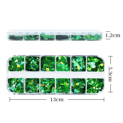 1 Box Holographic St. Patrick's Day Nail Glitter Shamrock Clover Nail Sequins 3D Green Nail Flakes Sparkly Powder Flakes Shiny Nail Glitter Hearts Star Nail Sequins Glitter for Nails Art 12 Grids - color: Color 49