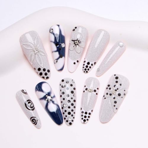 Long Stiletto Press On Nails, 30Pcs Blue White Floral Polka Dot Fake Nails - color: Blue White Floral Nails-15
