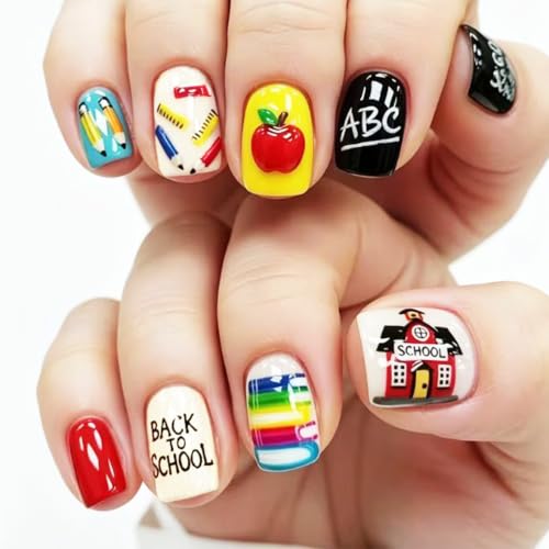 Press on Nails Back To School Pencil Ruler Book Short Square Fake Nails - color: Red apple