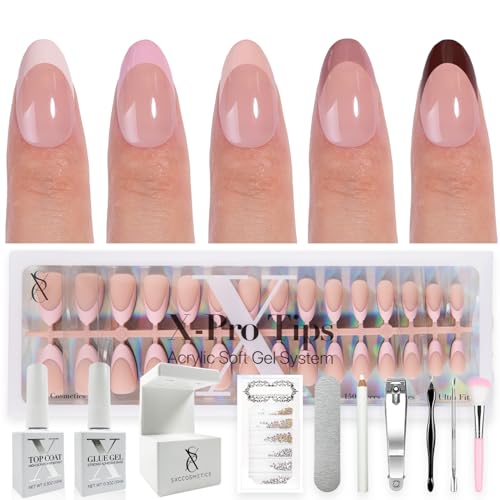SXC Cosmetics French Tip Press On Nails - Skin Tone Nude and Color Series, Short Almond X-Pro Tips - color: Skin Tone - S Almond