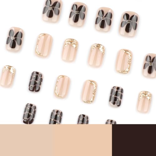 French Tip Press on Nails Short Square Fake Nails with Flower Glitter Designs Glossy Nails Press ons Brown Gold Glue on Nails Fall False Autumn Stick on Nails for Women 24Pcs - color: 3