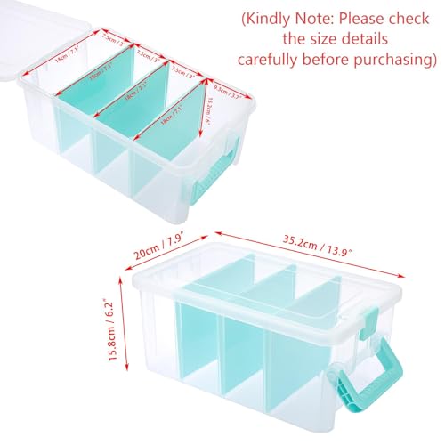 BTSKY Clear Plastic Dividing Storage Box with 4 Deep Compartment Sewing Box - size: 13.9x7.9x6.2 Inches-Clear