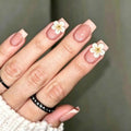 Pink French Tip Press on Nails Medium Square Flower Design - color: Solid Pink White