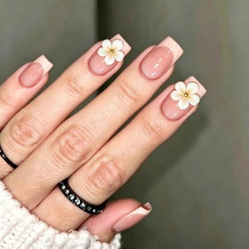 Pink French Tip Press on Nails Medium Square Flower Design - color: Solid Pink White