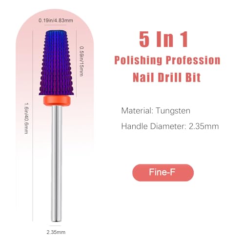 2pcs 5 in 1 Nail Drill Bits, 3/32'' Tungsten Carbide Safety Bits,Two Way Use for Both Left and Right Handed, Fast Remove Cuticle Acrylic Gel Polishing Manicure Pedicure Tools (Purple) - color: Purple