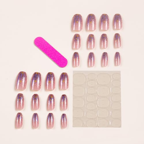 Short Press on Nails Square,RTKHFZE Glitter Fake Nails Glossy Nude False Nails Full Cover Acrylic Stick on Nail 24Pcs Nails Press ons for Women - color: Short Press on Nails Square