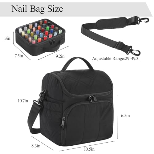 FCQQYWZ Nail Polish Organizer with 2 Detachable Cases Hold 60 Bottles & Nail Lamp, Portable Nail Organizers and Storage with Handle & Shoulder Strap, Travel Nail Bag for Manicure Tools - color: 60-Bottles-Black