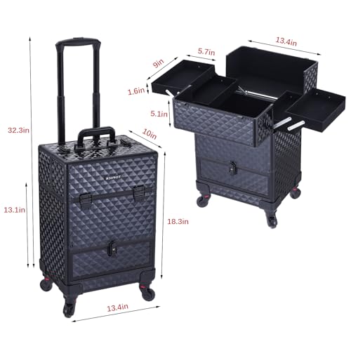 TOPACK 3-In-1 360°Rotaing Rolling Makeup Train Case with Trolley/drawer - color: all black, size: medium
