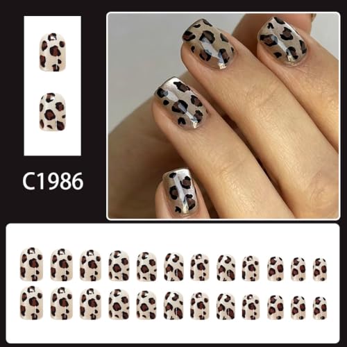 Leopard Press on Nails Short Square - Cat Eye - color: D-69