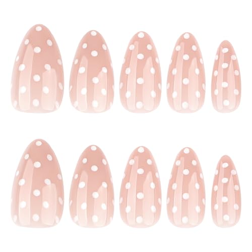Nude Press On Nails Almond White Polka Dot 24PCS - color: 0092-White Polka Dots