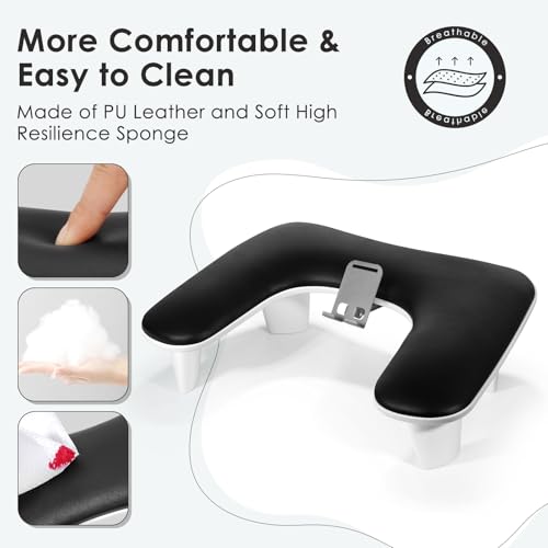 LIONVISON Arm Rest for Nails Tech: U Shaped Ergonomic Nail Hand Rest Stand PU Leather with Rotating Phone Holder for Nail Salon Manicurist (Black) - color: Black with Phone Holder