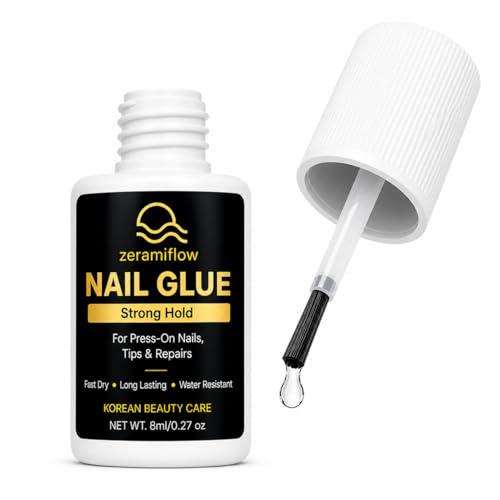 Brush-On Nail Glue for Press On Nails – Strong Hold Quick Dry Nail Glue with Precision Brush, 8ml for Nail Tips & Repairs, Zerami Flow