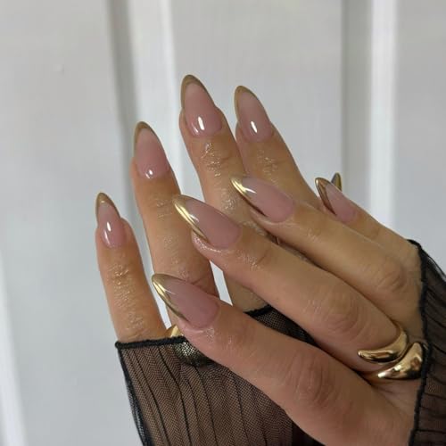 Gold French Tip Press On Nails Short Almond, Medium Fake Nails French Nails Press ons Acrylic Nails Glue on Nails Medium, Natural Short Almond Nails False Nails for Women in 12 Sizes 24 Pcs - color: almond chrome gold