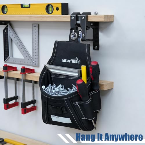 MELOTOUGH Nail and Screw Organizer Bag for Electricians and Carpenters, Tool Belt Pouch with Belt Clip, Heavy Duty Work Fastener Pouch - color: Black